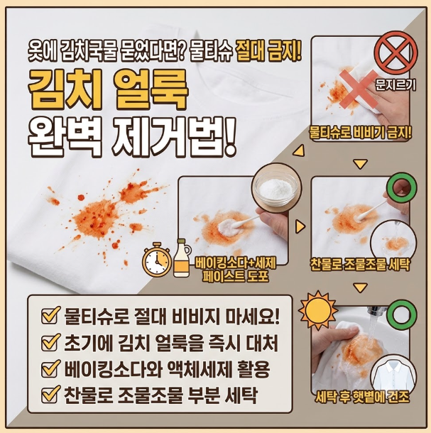 옷에 김치국물 묻었다면 물티슈로 비비지 마세요! 빨간 얼룩 지우는 법