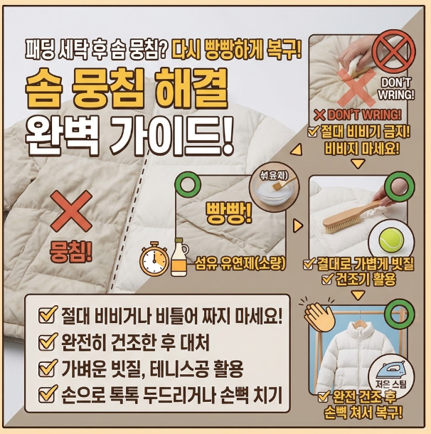 패딩 세탁 후 솜이 뭉쳤을 때 복구하는 방법, 다시 빵빵하게 살리려면?