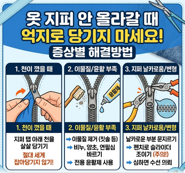 옷 지퍼 안 올라갈 때 억지로 당기지 마세요! 증상별 해결방법