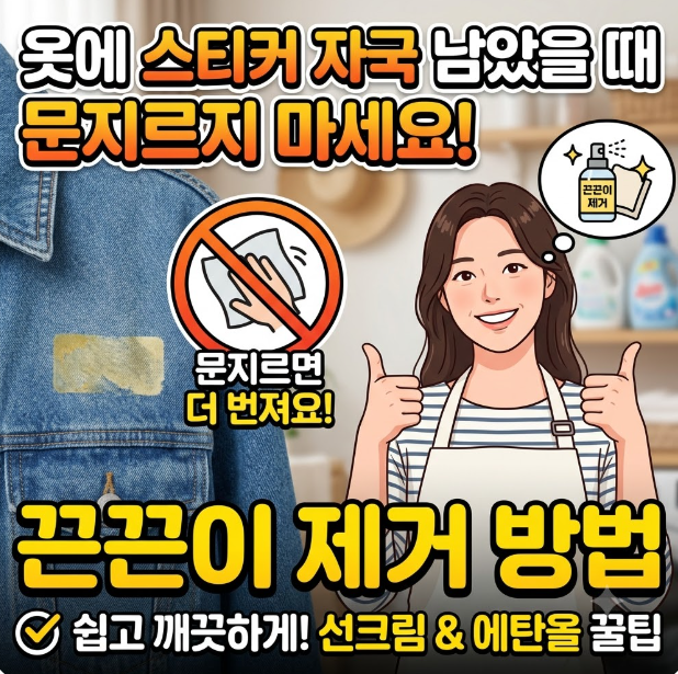 옷에 스티커 자국 남았을 때 문지르지 마세요! 끈끈이 제거 방법