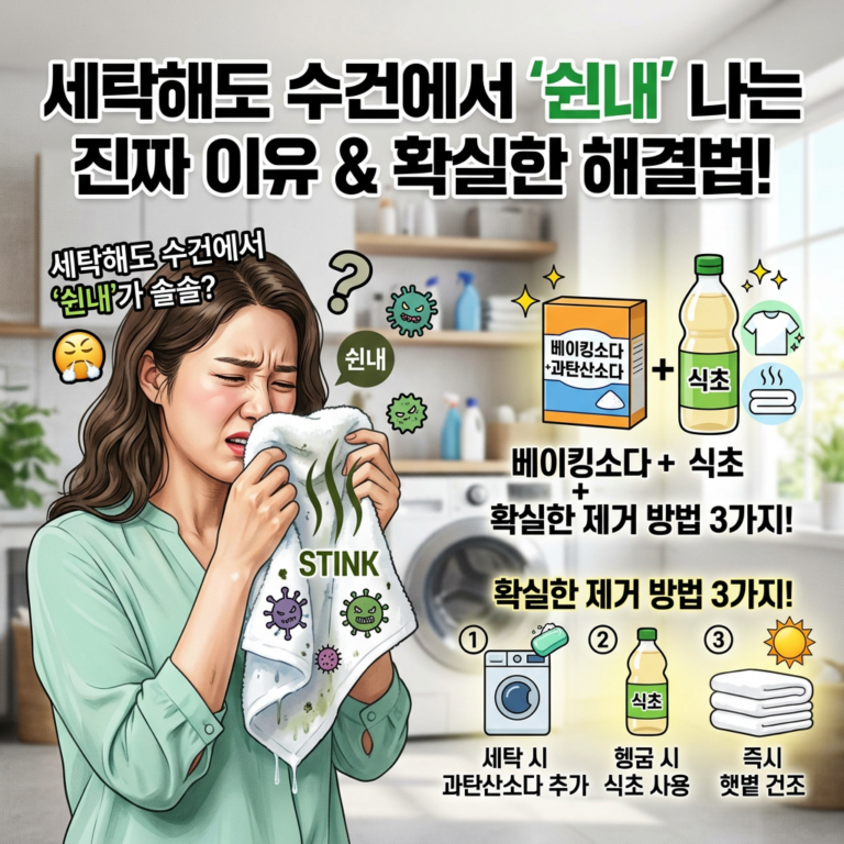 세탁해도 수건에서 ‘쉰내’ 나는 진짜 이유 & 확실한 해결법! 세탁 시 과탄산소다 추가, 헹굼 시 식초 사용, 즉시 햇볕 건조. 베이킹소다 과탄산소다와 식초로 확실한 제거 방법 3가지!