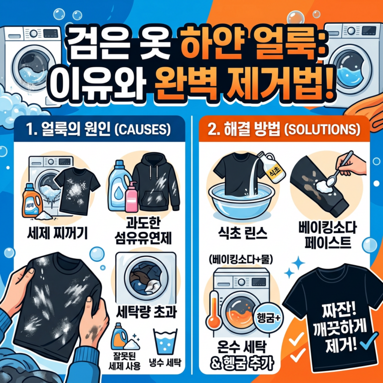 검은 옷 얼룩 원인과 해결법: 세제 찌꺼기, 과도한 섬유유연제, 세탁량 초과, 식초 린스, 베이킹소다 페이스트, 온수 세탁과 헹굼 추가