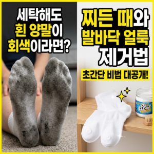 세탁해도 흰 양말이 회색이라면? 찌든 때와 발냄새 얼룩도 제거법 초간단 비법 공개!! Dirty gray socks contrast with clean white socks beside OxiClean cleaner.