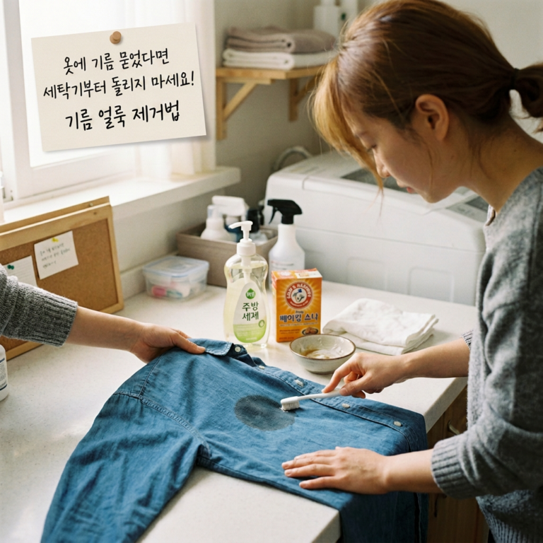 Person brushing oil stain on blue shirt; note reads, “옷에 기름 묻었다면 세탁기부터 돌리지 마세요! 기름 얼룩 제거법.”