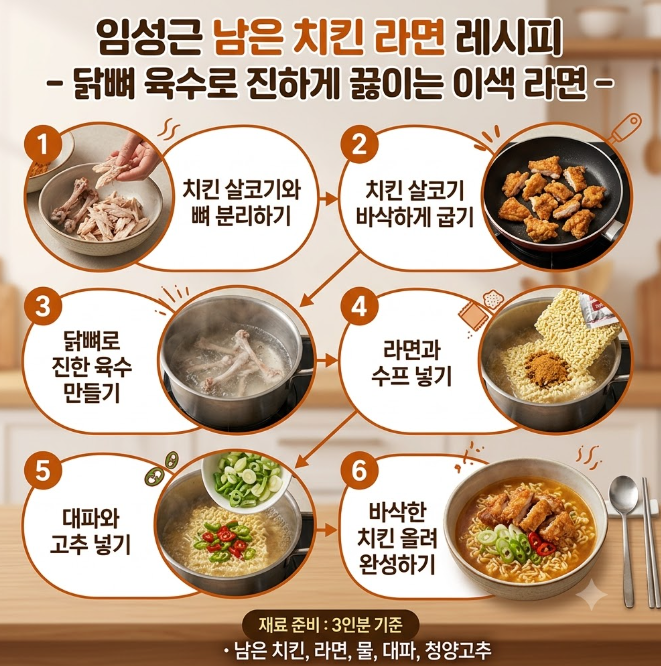 임성근 남은 치킨 라면 레시피, 닭뼈 육수로 진하게 끓이는 이색 라면